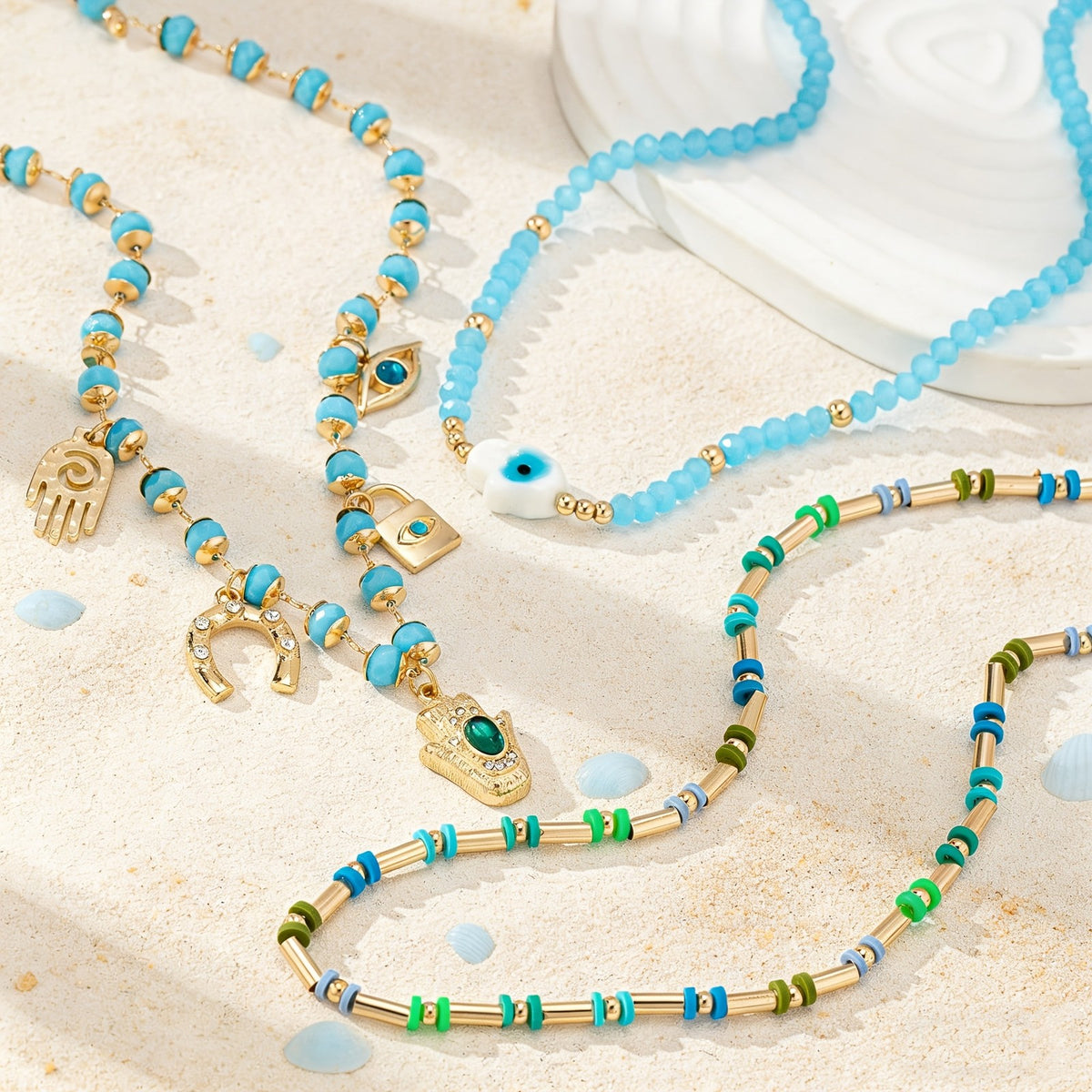 Turquoise Bead & Symbol Charm Necklace Set