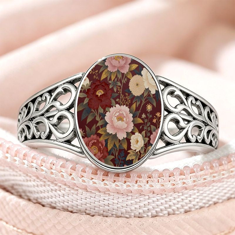 Burgundy Floral Oval Ring
