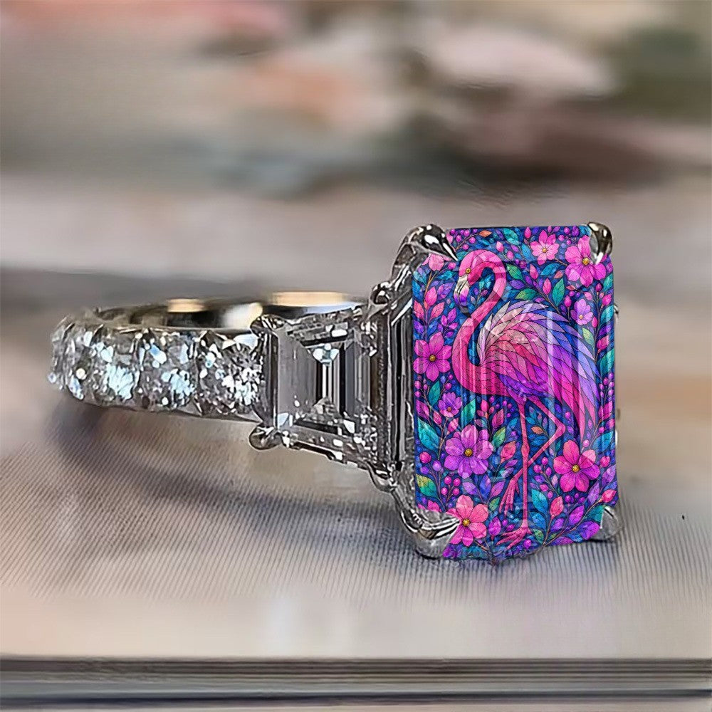 Pink Flamingo Floral Rectangular Ring
