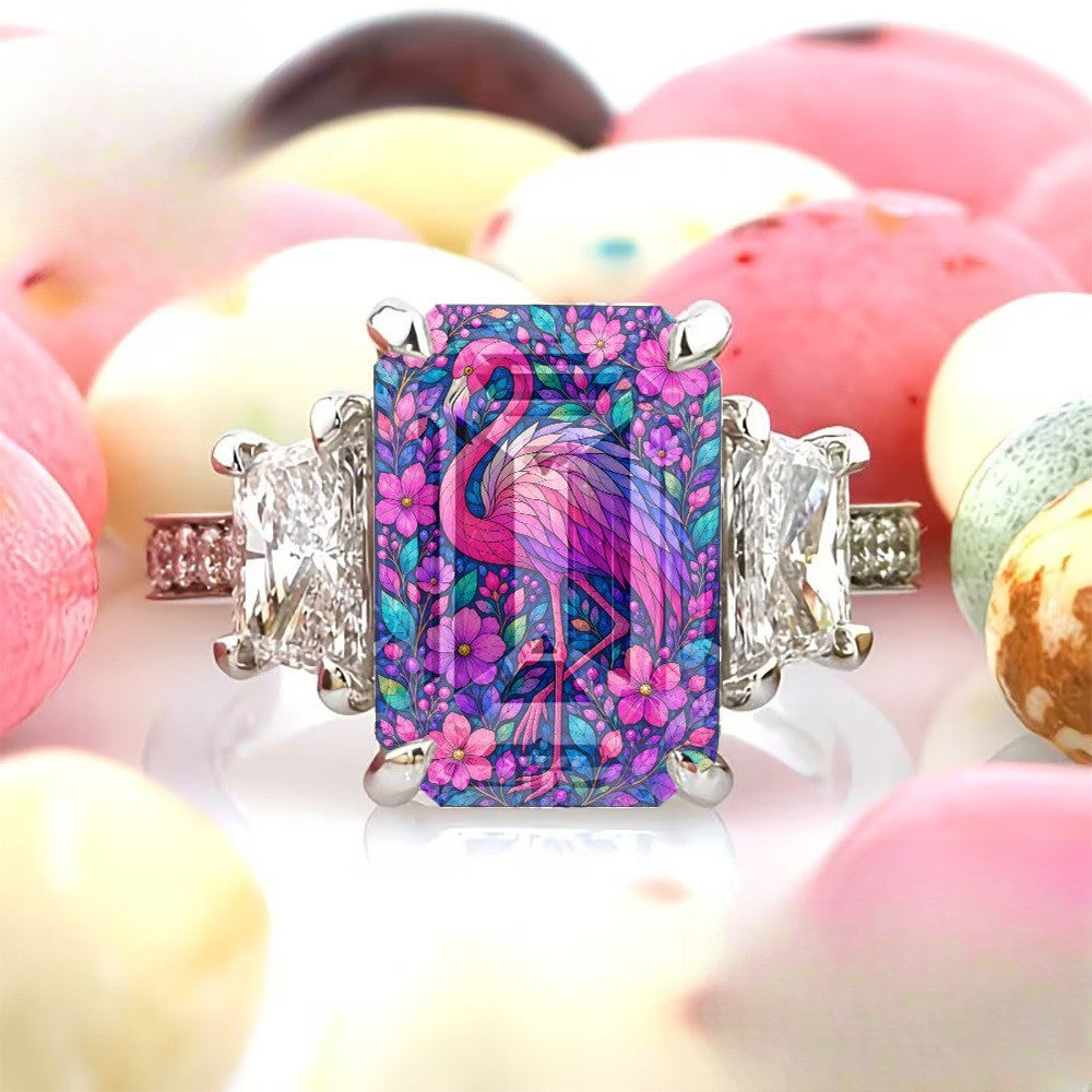 Pink Flamingo Floral Rectangular Ring