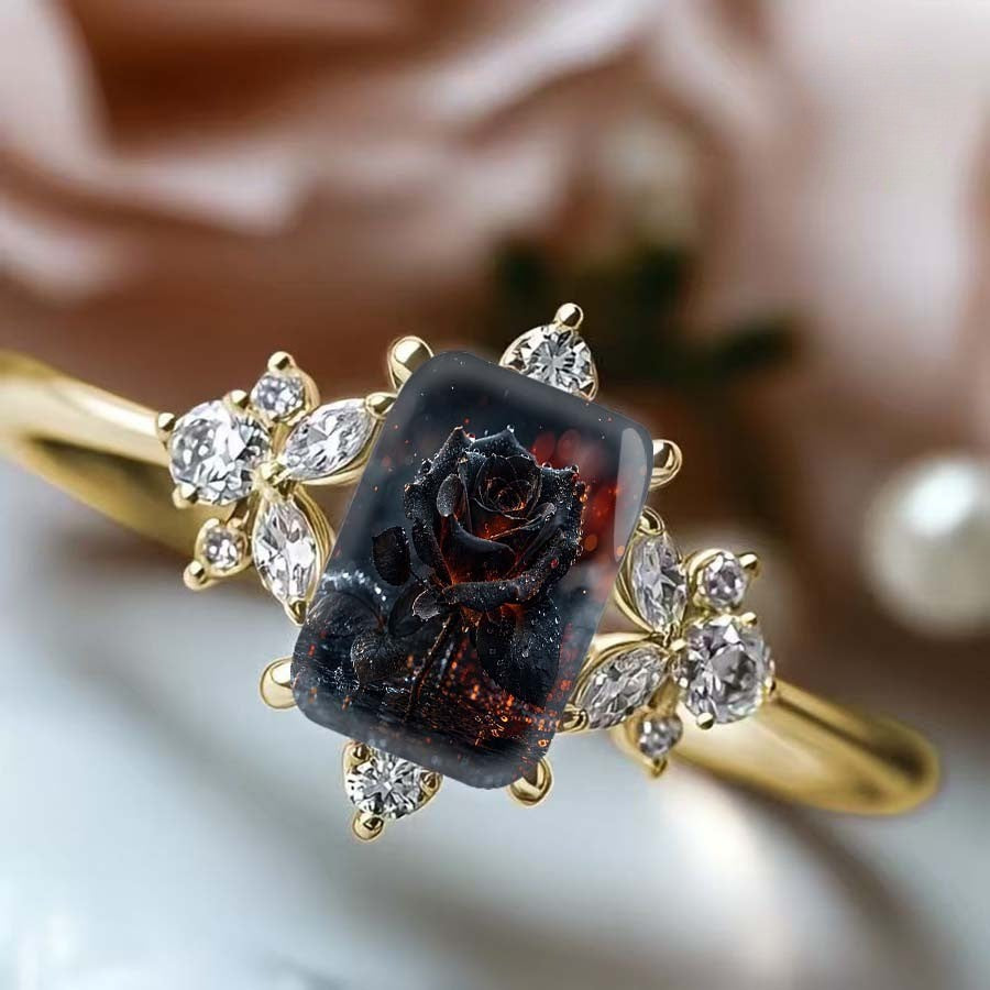 Black Rose Rectangular Ring