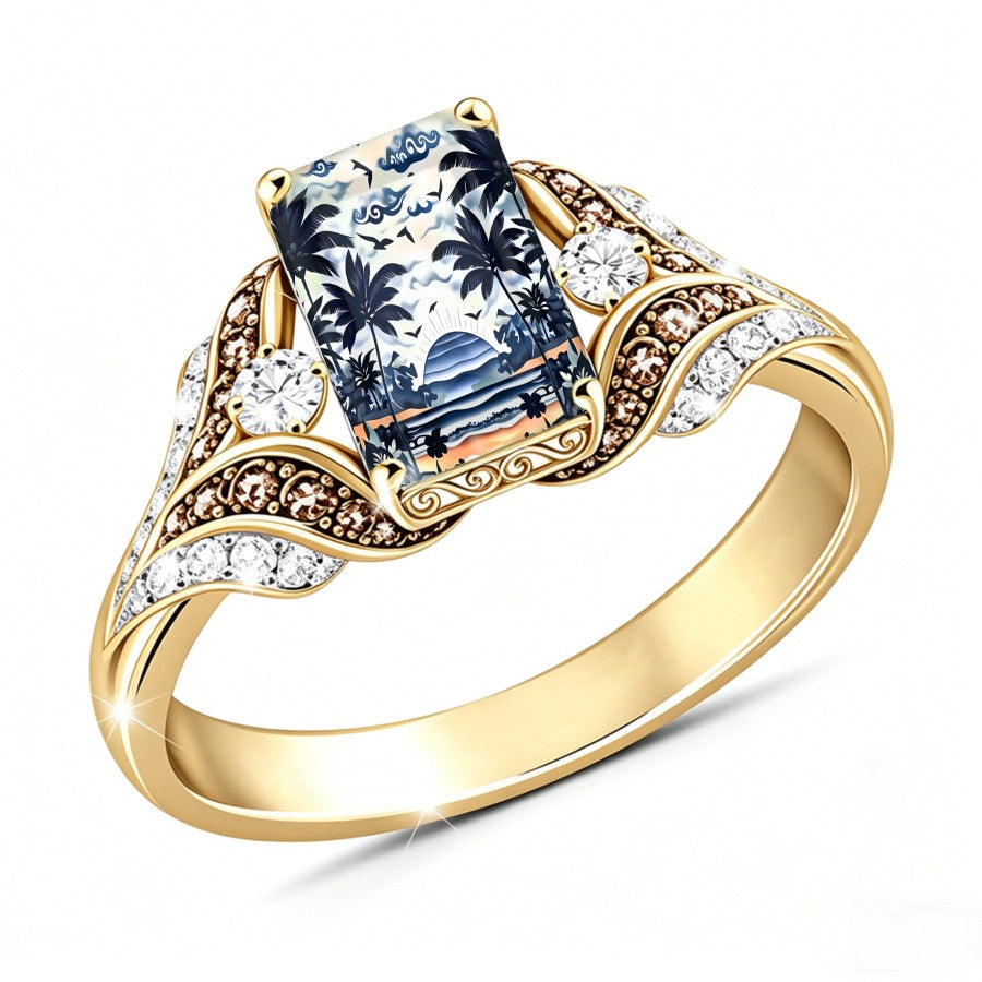 Tropical Palm Tree Glass Square Ring