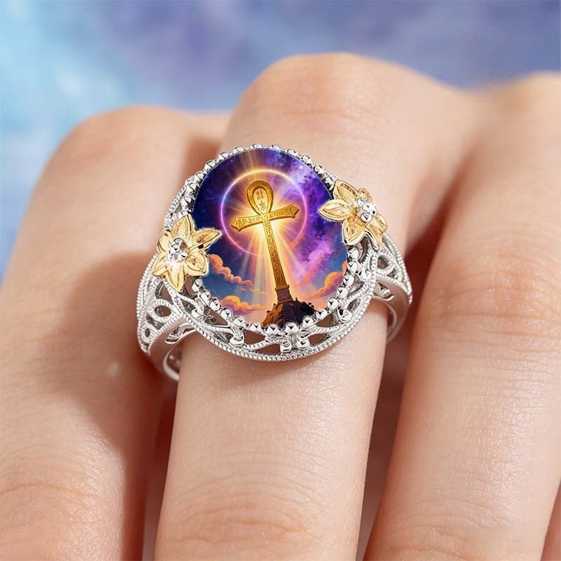 Ankh & Floral Dome Ring