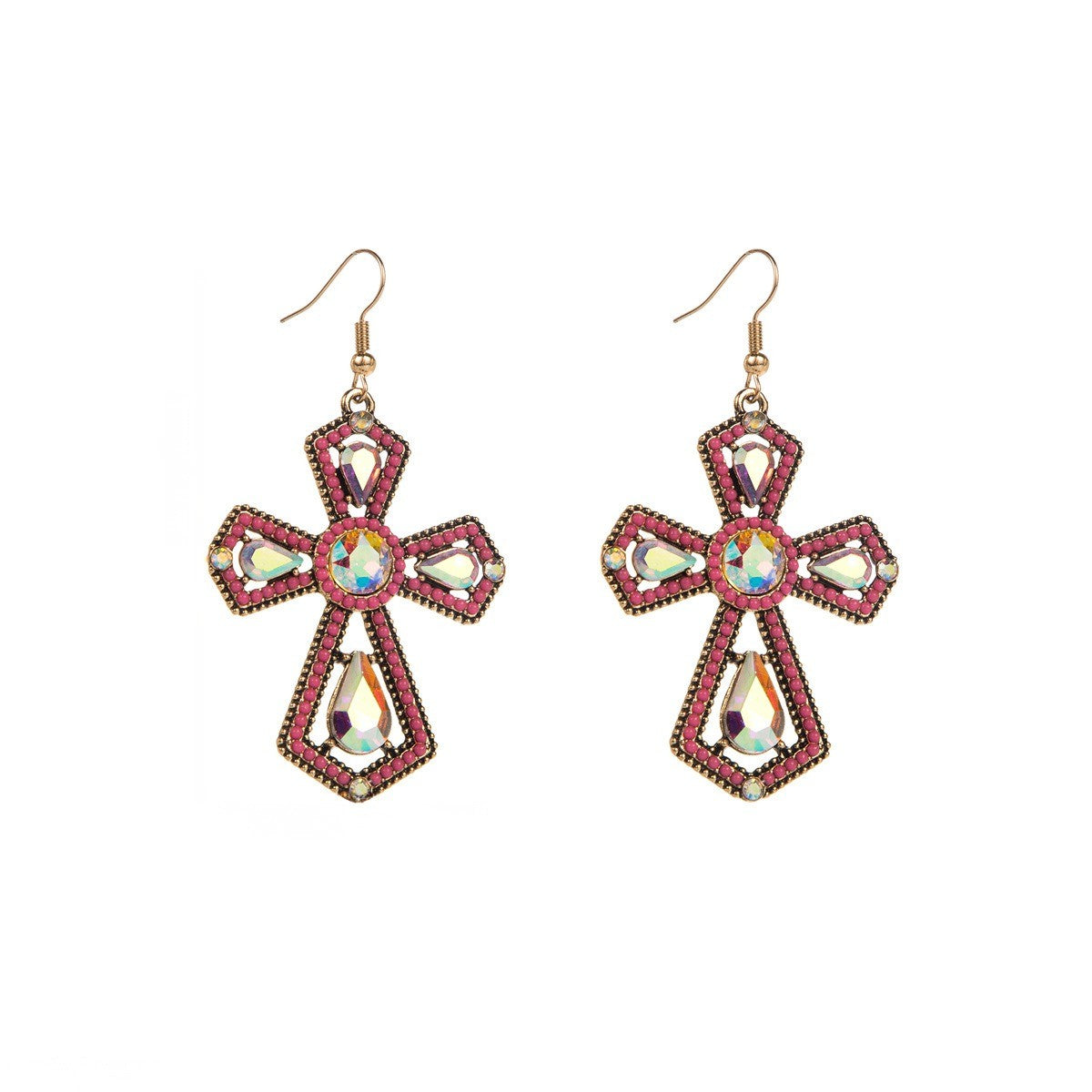 Pink Crystal Cross Earrings
