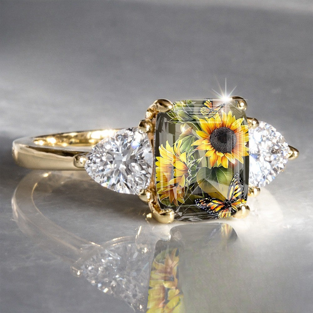 Sunflower & Butterfly Three-Stone Ring