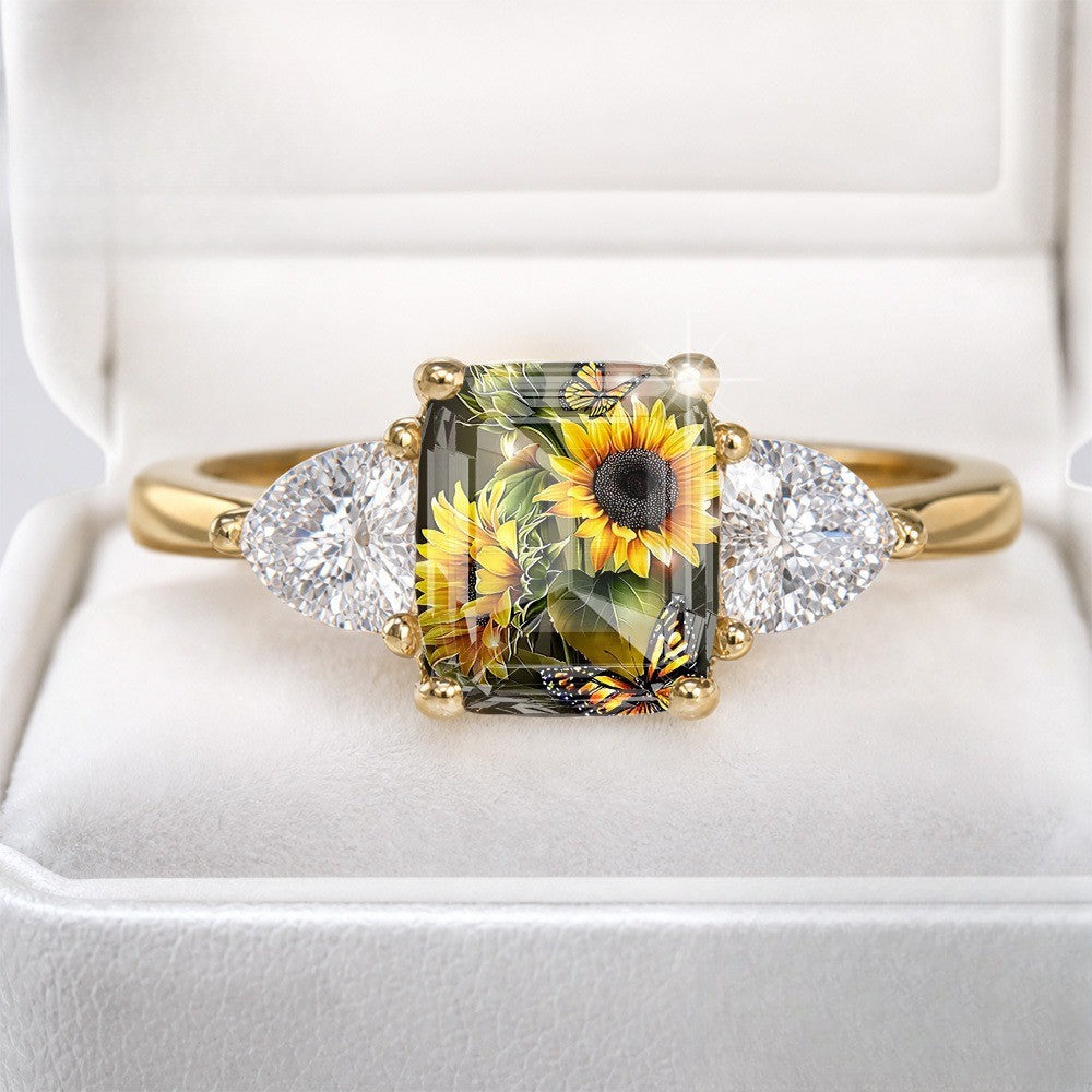 Sunflower & Butterfly Three-Stone Ring
