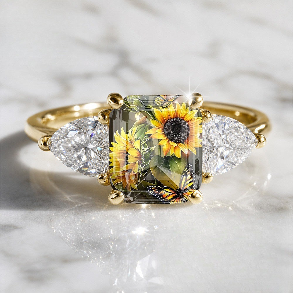 Sunflower & Butterfly Three-Stone Ring