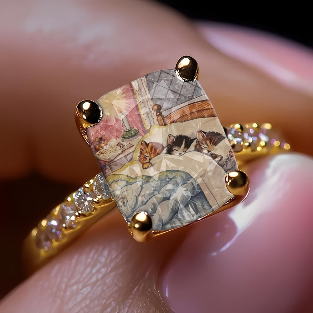 Sleeping Kittens Glass Square Ring