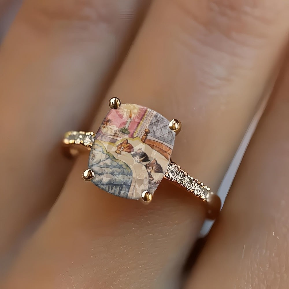 Sleeping Kittens Glass Square Ring