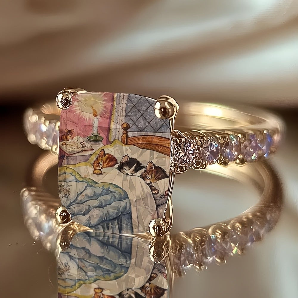 Sleeping Kittens Glass Square Ring