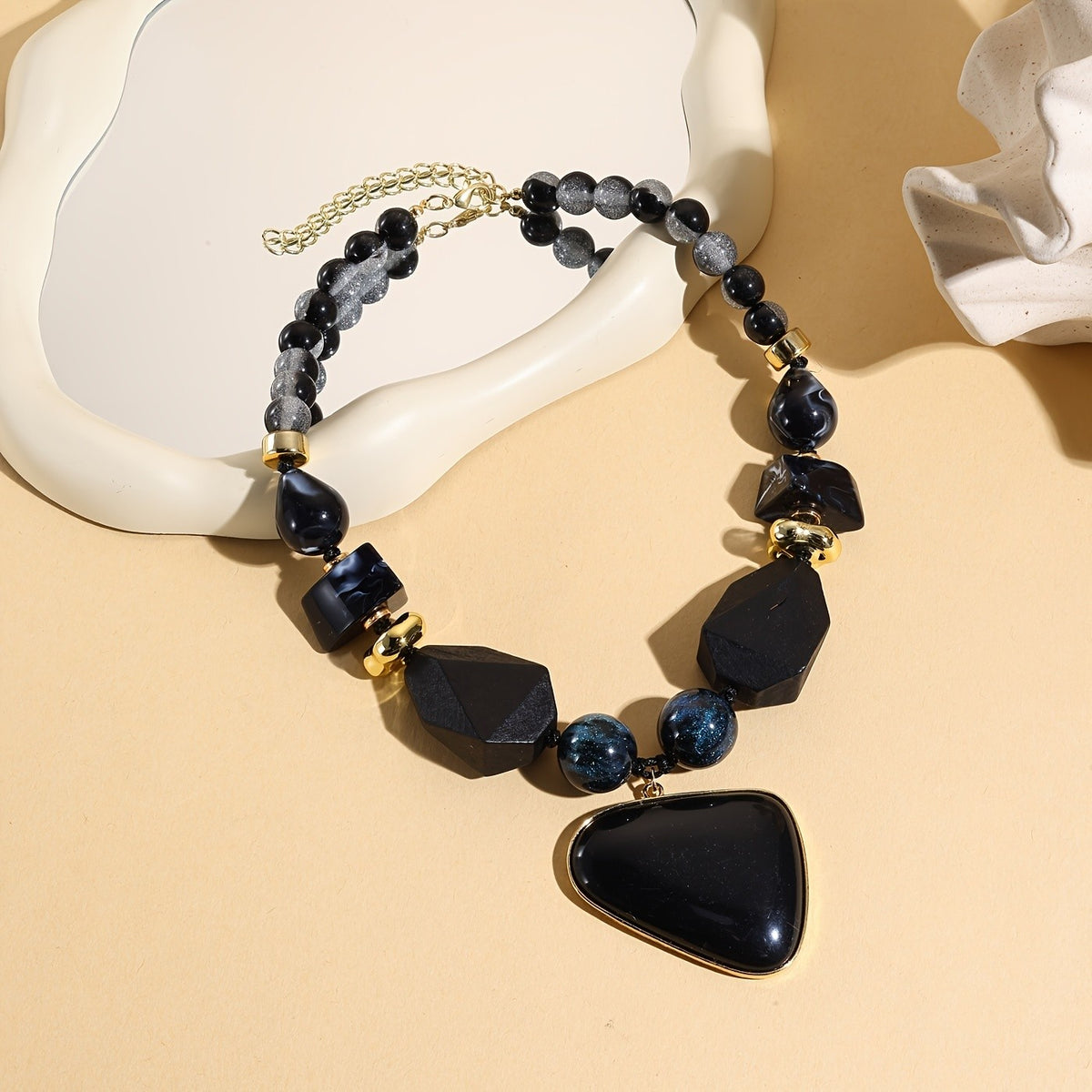 Black Geometric Beaded Statement Necklace