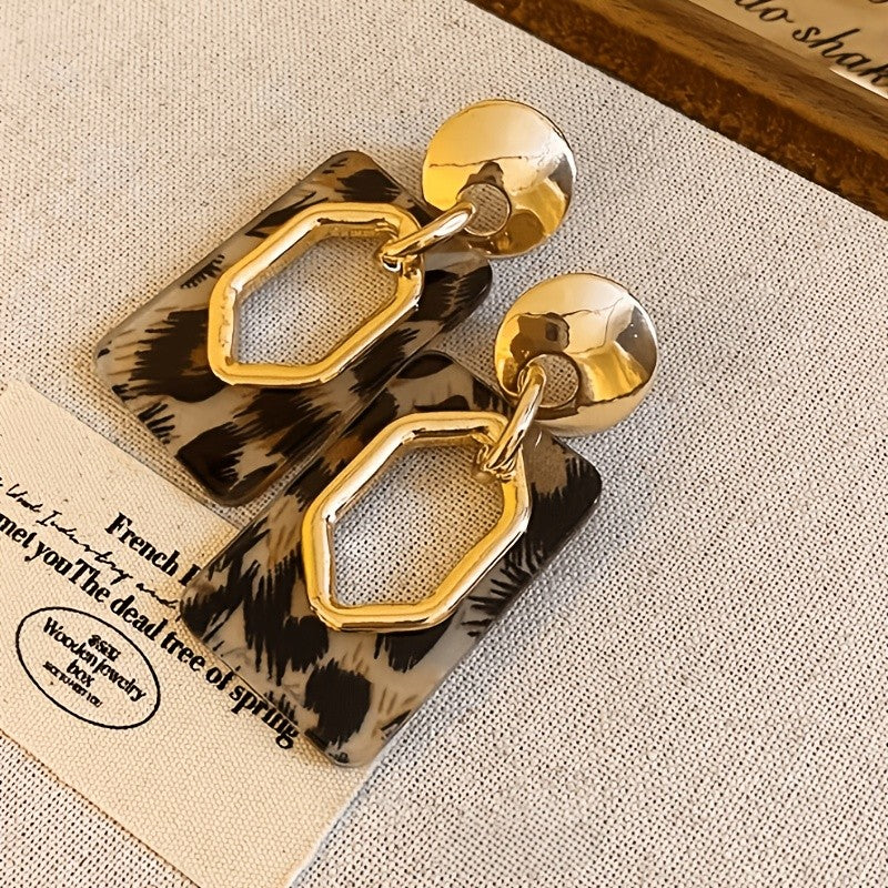 Leopard Print Hexagon Rectangle Drop Earrings