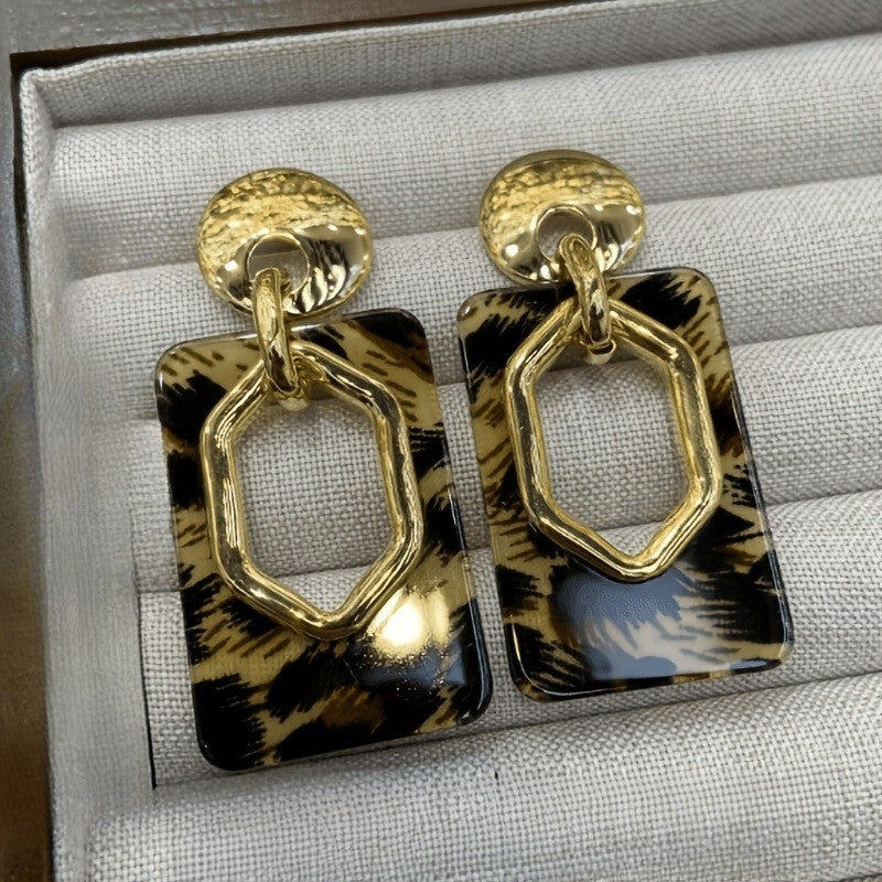 Leopard Print Hexagon Rectangle Drop Earrings
