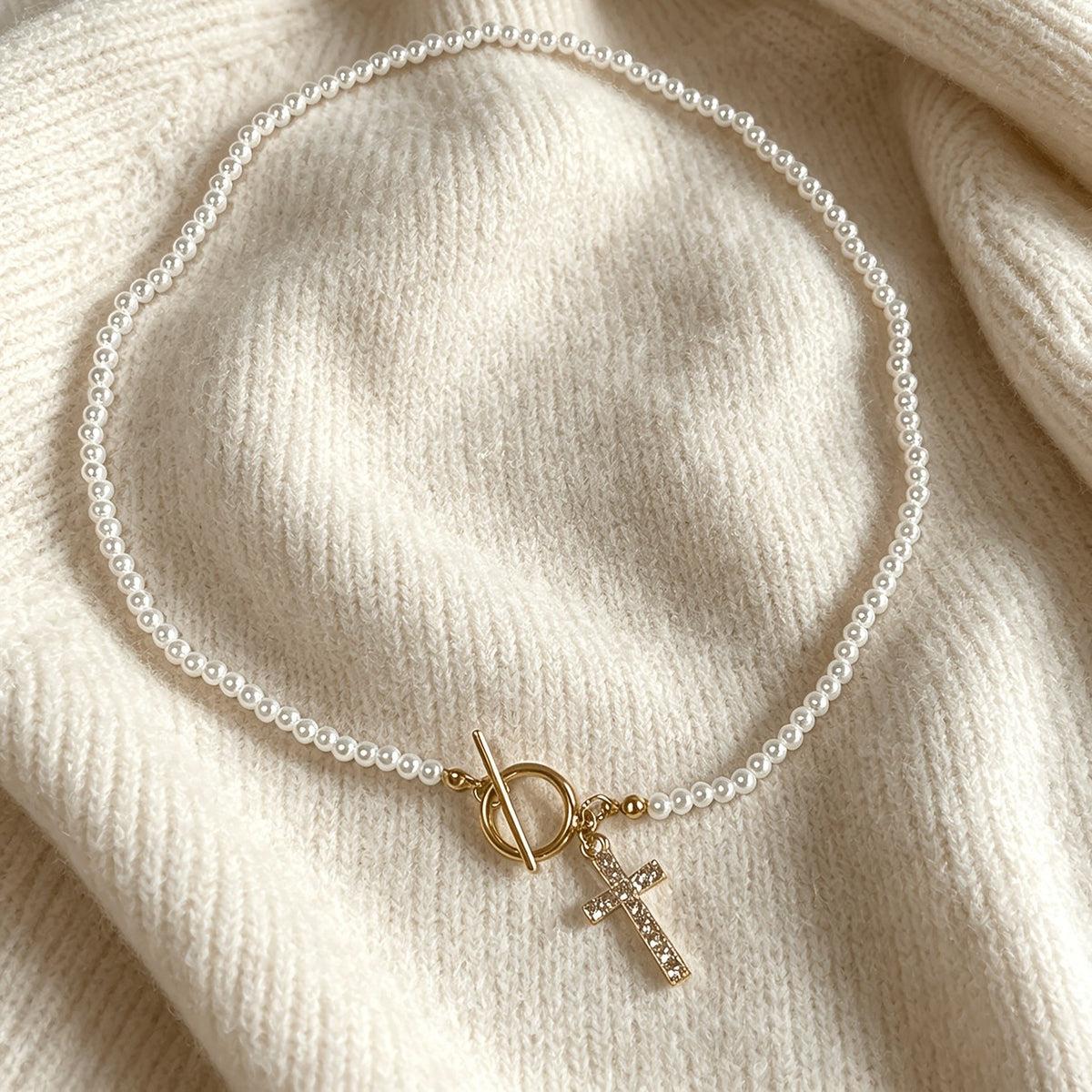 Pearl Beaded Cross Toggle Necklace