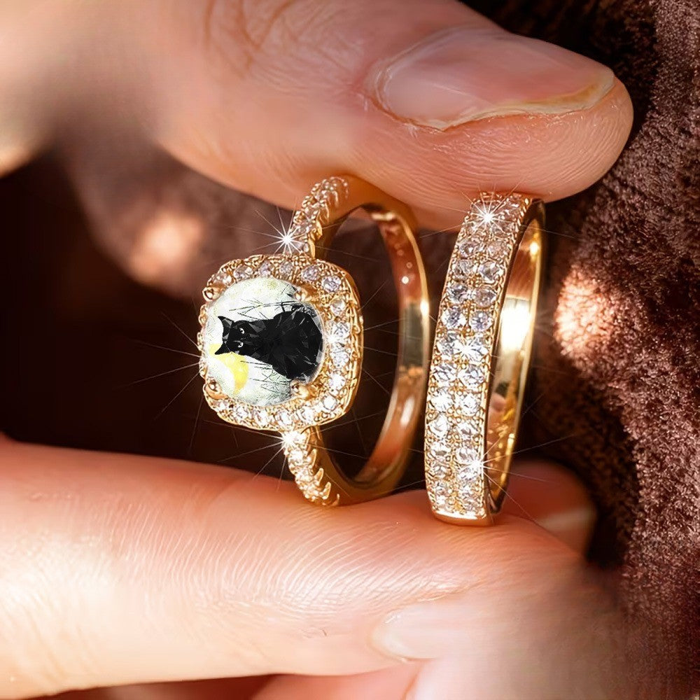 Black Cat Halo & Pave Ring Set