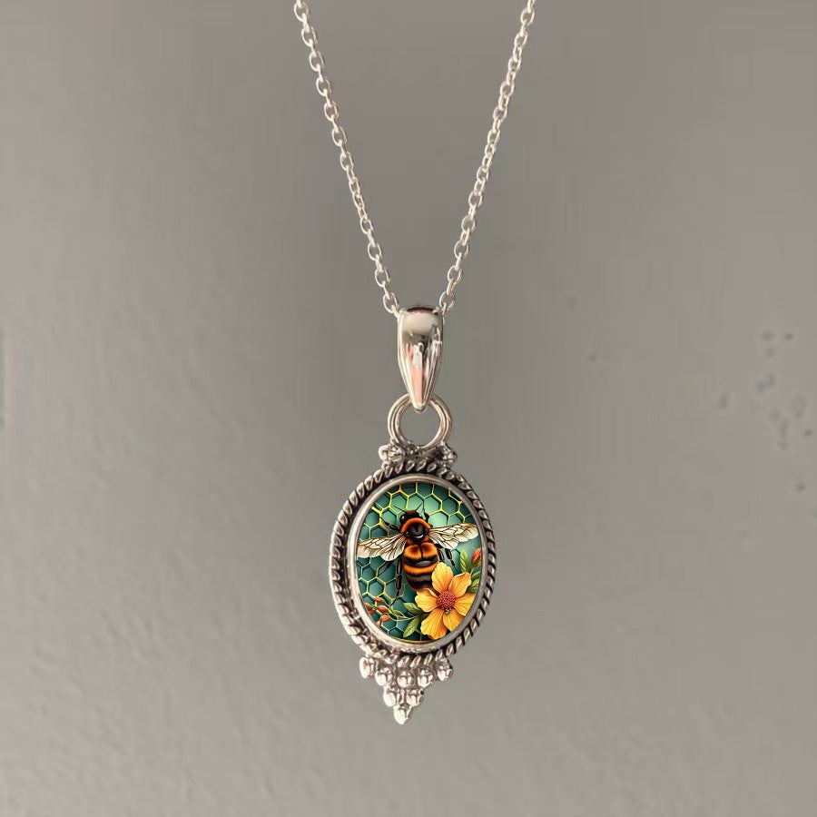 Bee & Flower Oval Pendant Necklace
