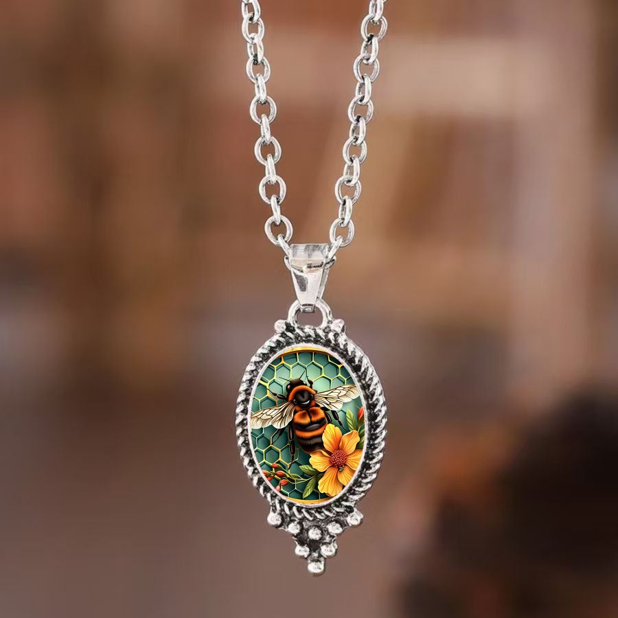 Bee & Flower Oval Pendant Necklace