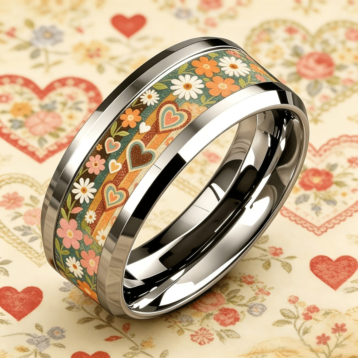 Floral & Heart Inlay Ring
