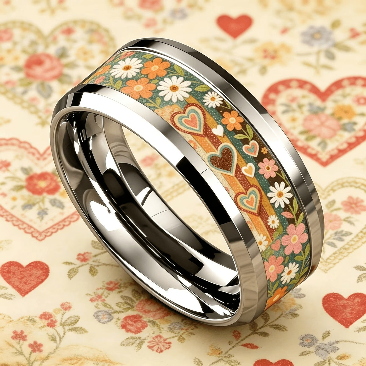 Floral & Heart Inlay Ring