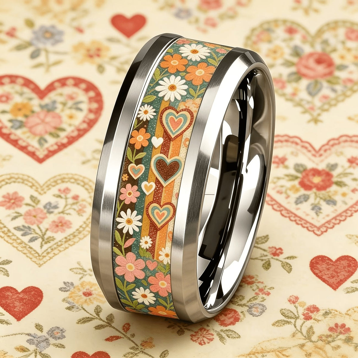 Floral & Heart Inlay Ring