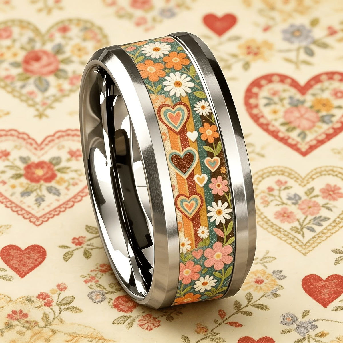 Floral & Heart Inlay Ring