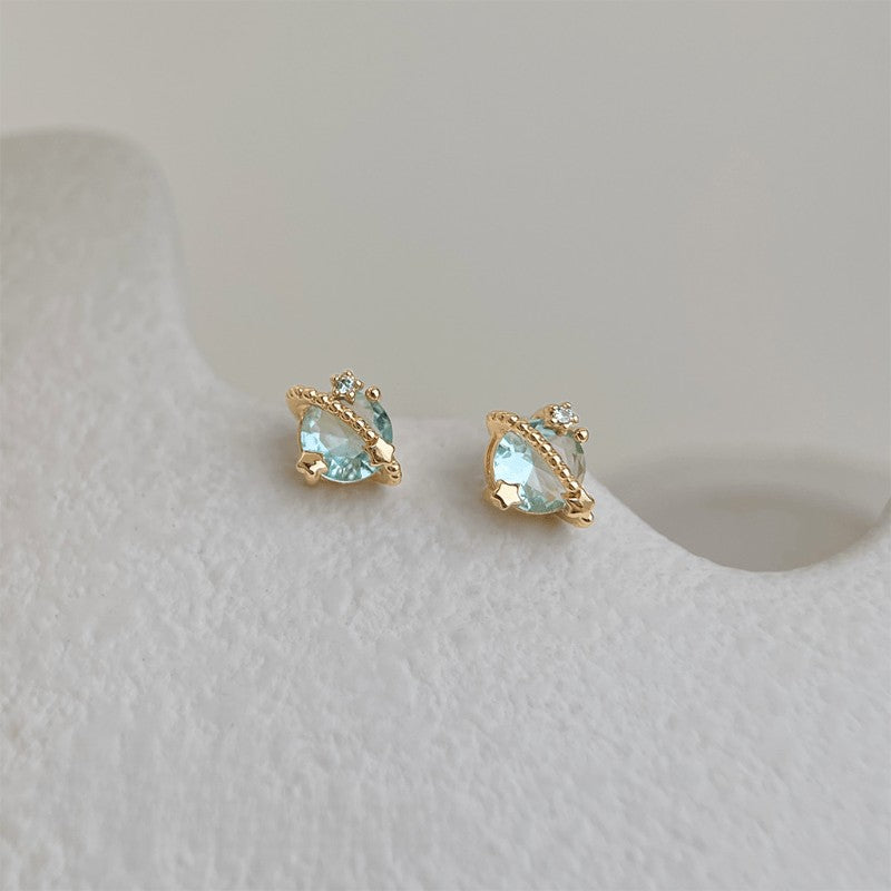 Aqua Crystal Planet Stud Earrings