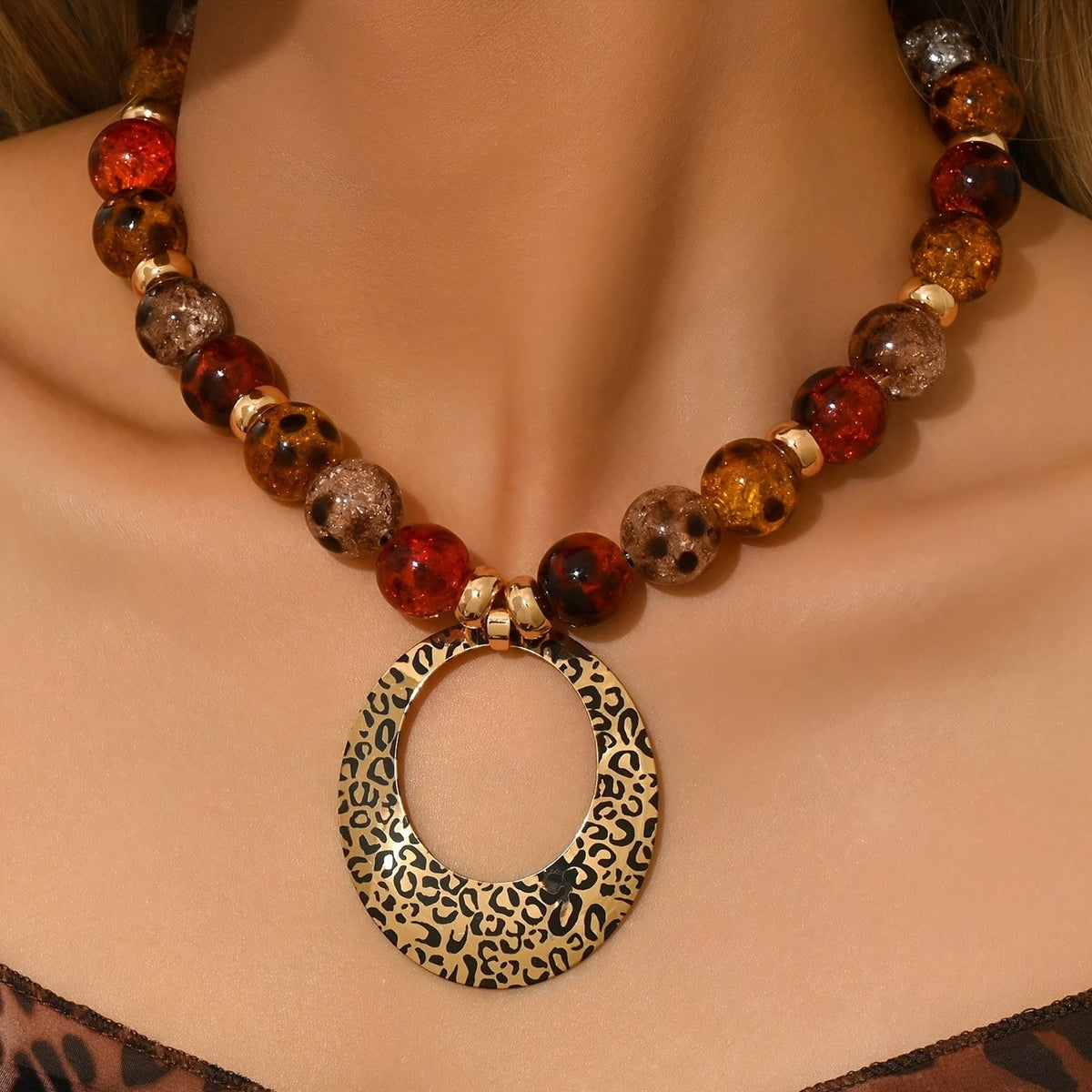 Leopard Oval Bead Necklace
