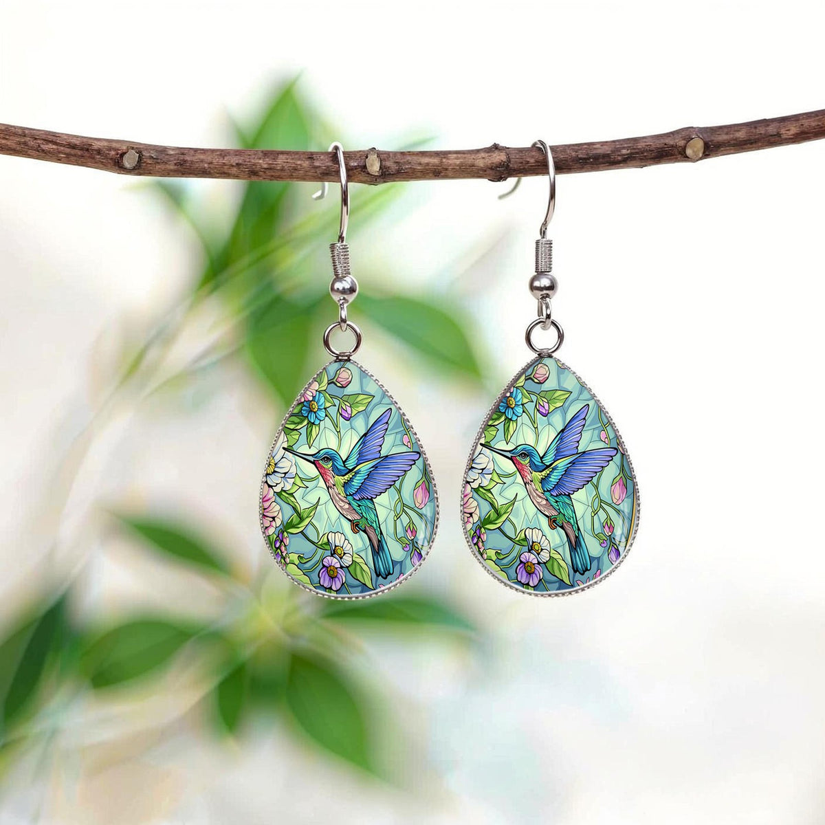 Hummingbird Garden Glass Drop Earrings