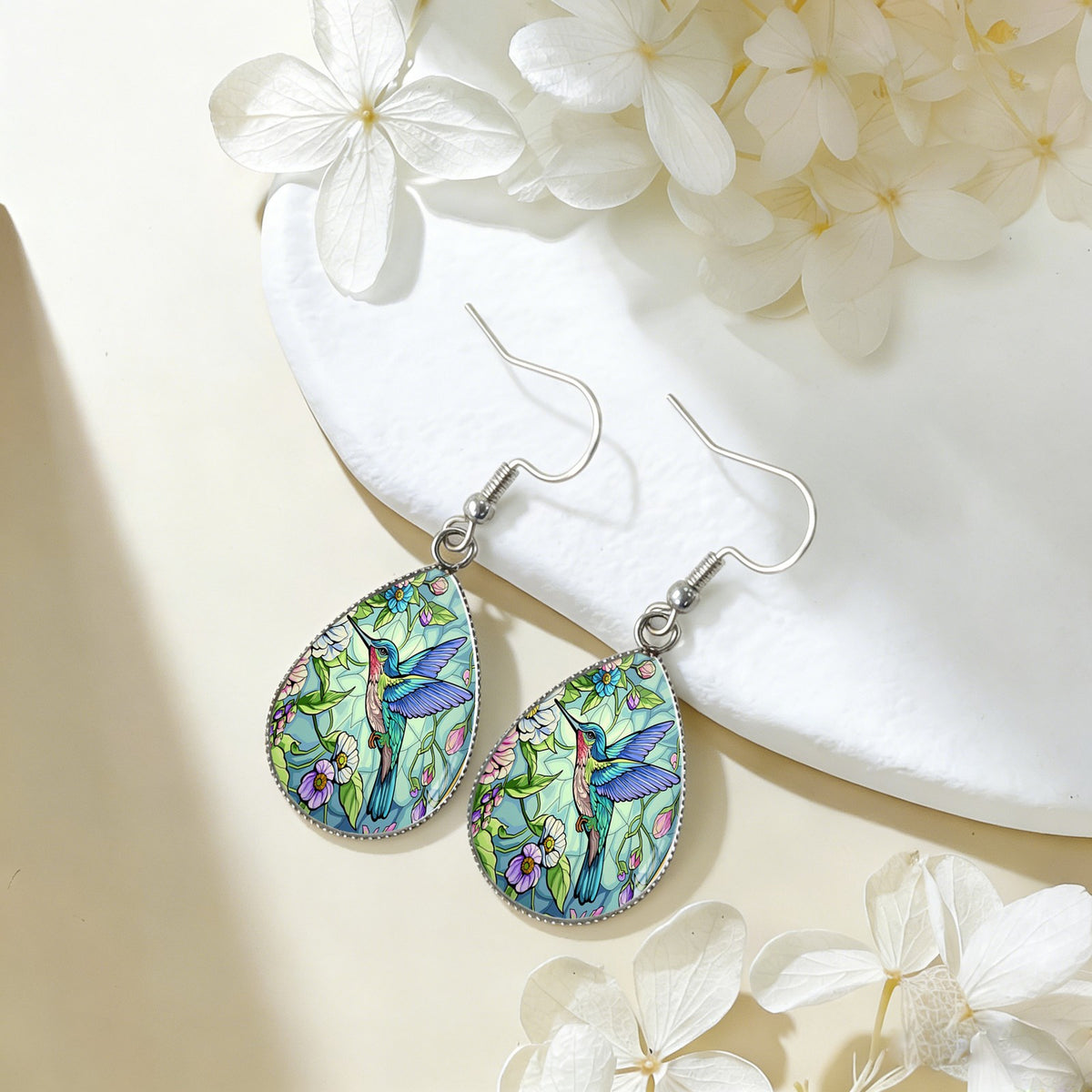 Hummingbird Garden Glass Drop Earrings