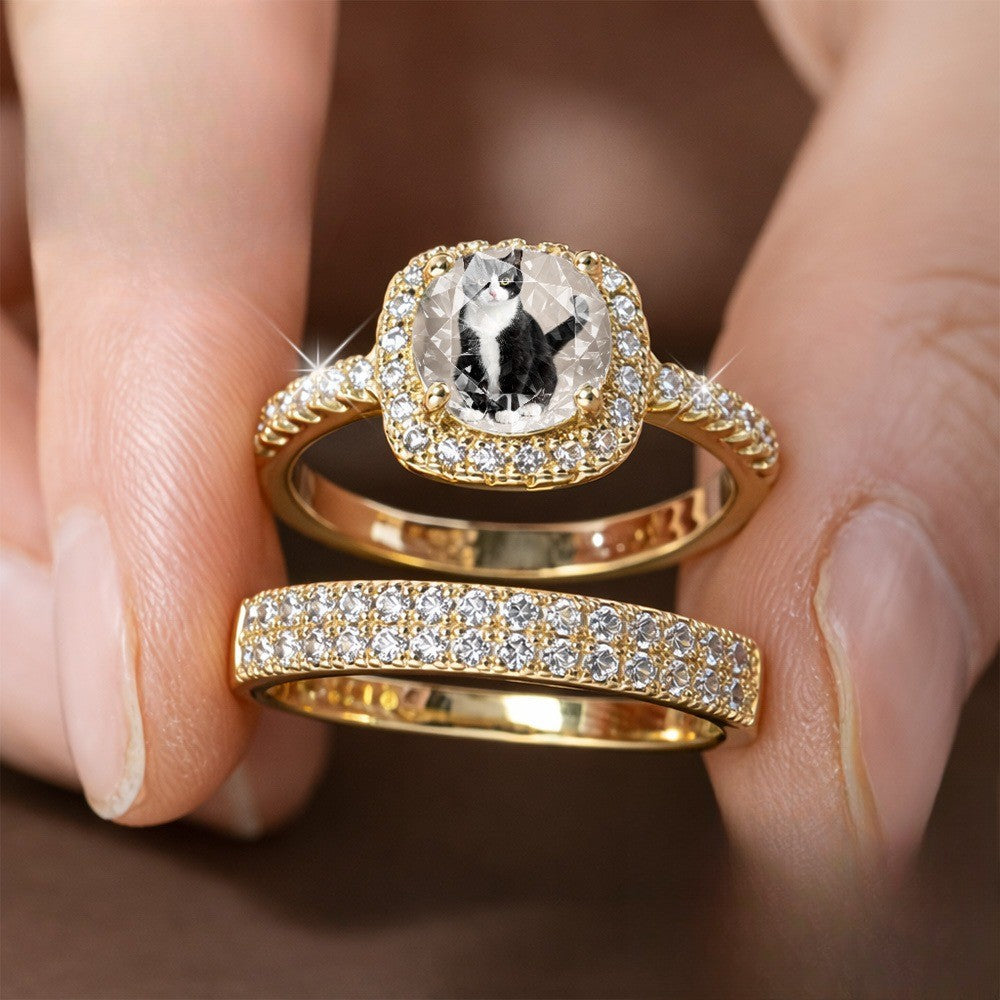 Cat Crystal Halo Ring Set