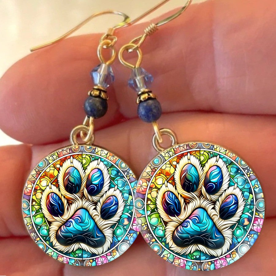 Stained Glass Paw Print Drop Earrings