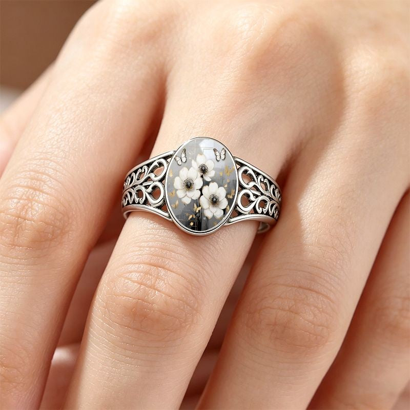 White Floral Oval Statement Ring