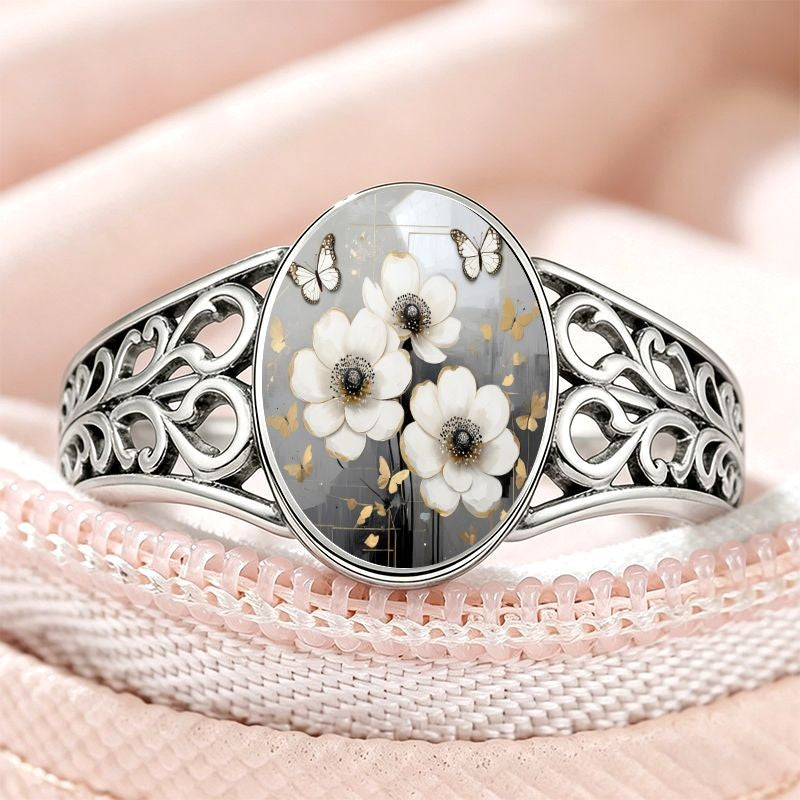 White Floral Oval Statement Ring