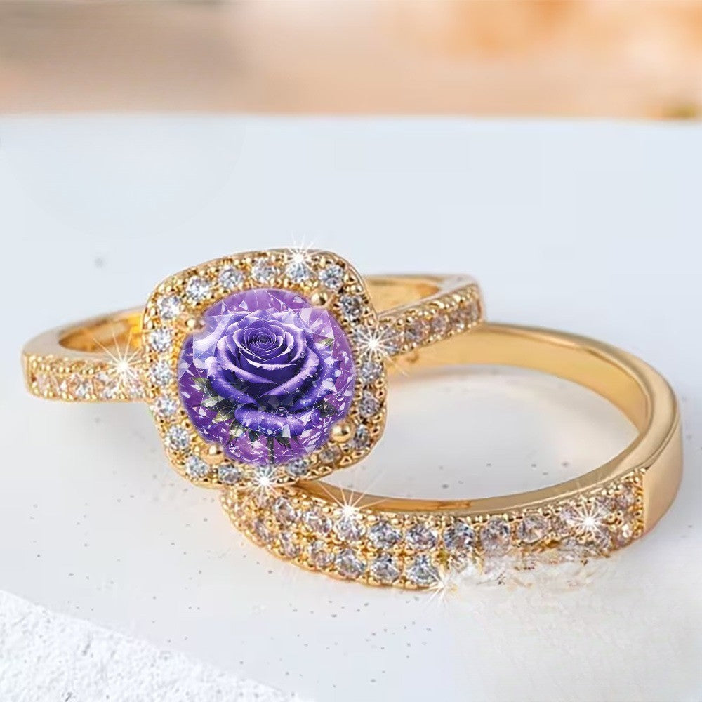 Purple Rose & Crystal Ring Set
