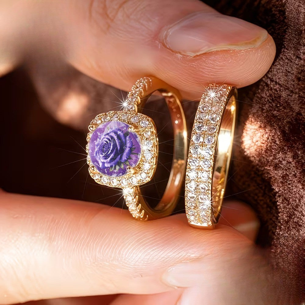 Purple Rose & Crystal Ring Set