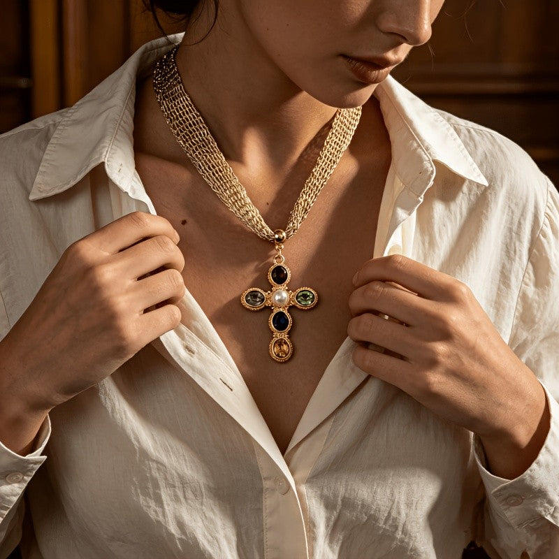 Colorful Gem Cross Knit Necklace