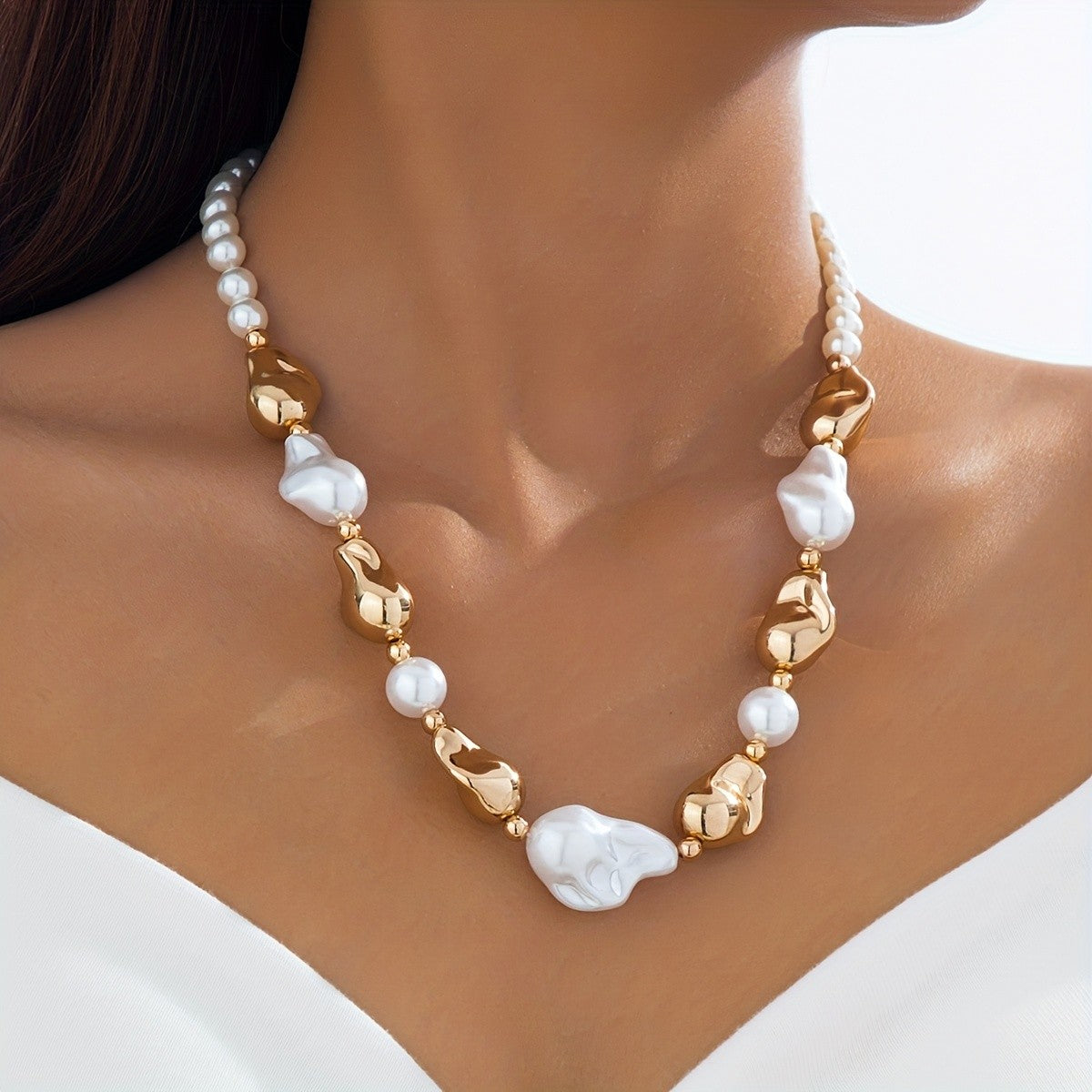 Sculptural Pearl & Gold Bead Necklace