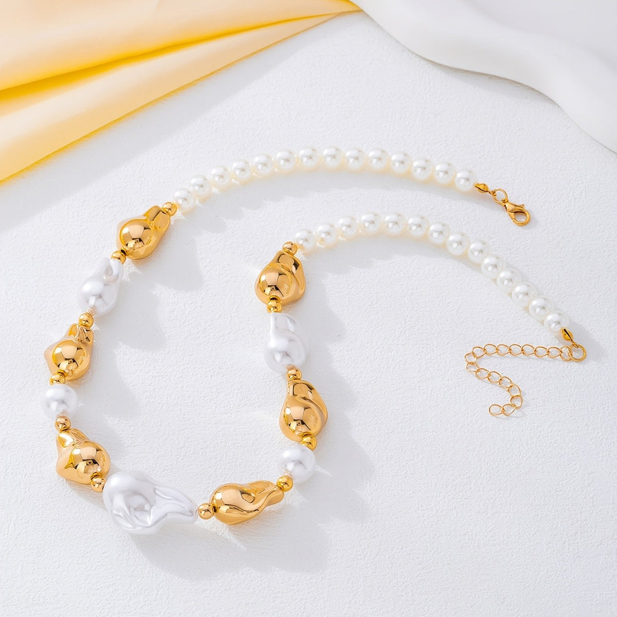 Sculptural Pearl & Gold Bead Necklace