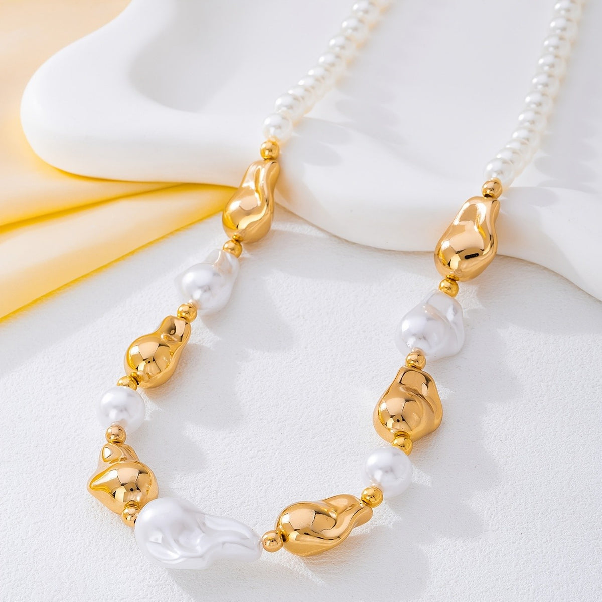 Sculptural Pearl & Gold Bead Necklace