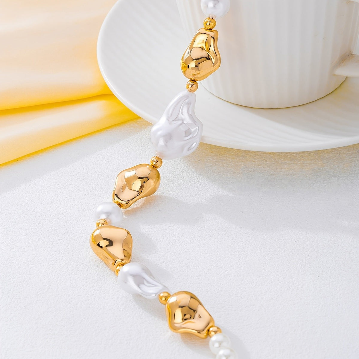 Sculptural Pearl & Gold Bead Necklace