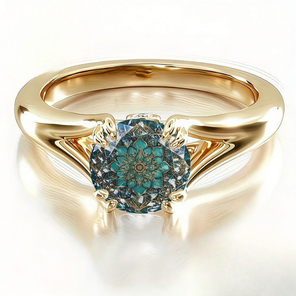 Teal Mandala Statement Ring