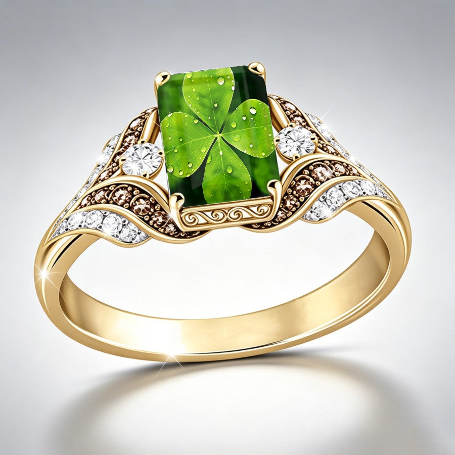 Green Clover Leaf Square Ring