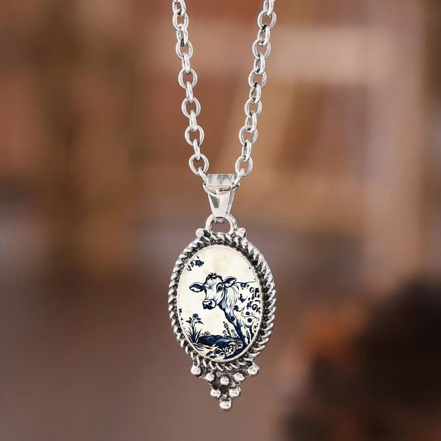 Cow & Calf Oval Pendant Necklace