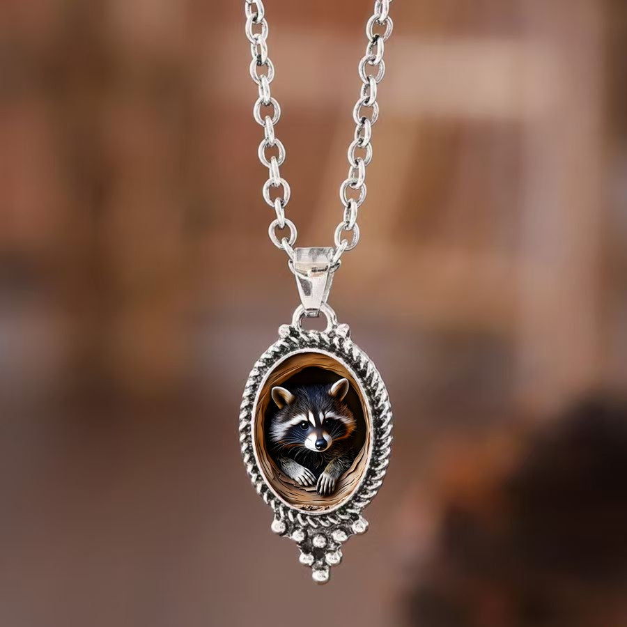 Raccoon Oval Pendant Necklace
