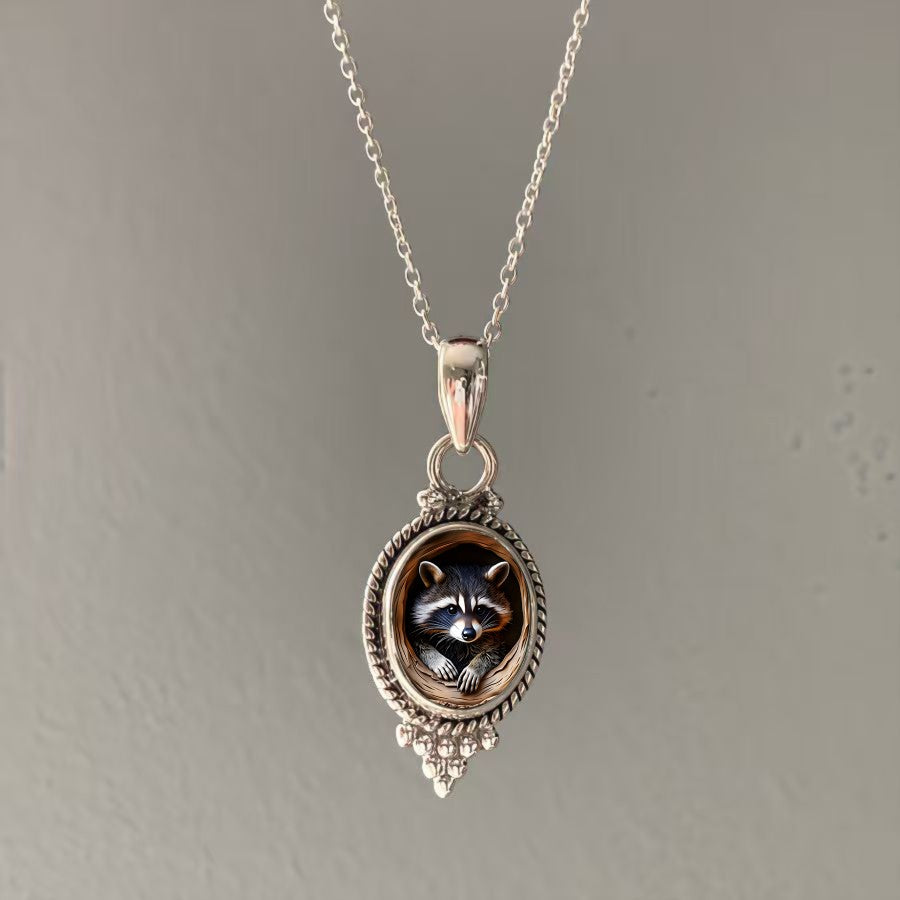 Raccoon Oval Pendant Necklace