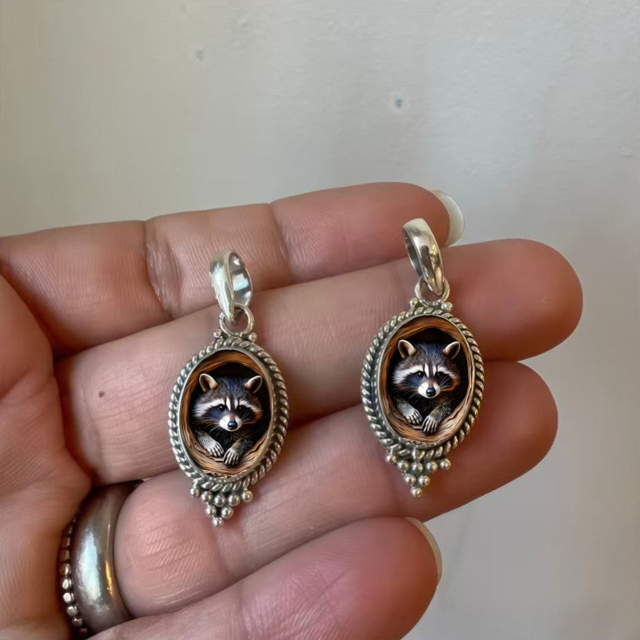 Raccoon Oval Pendant Necklace