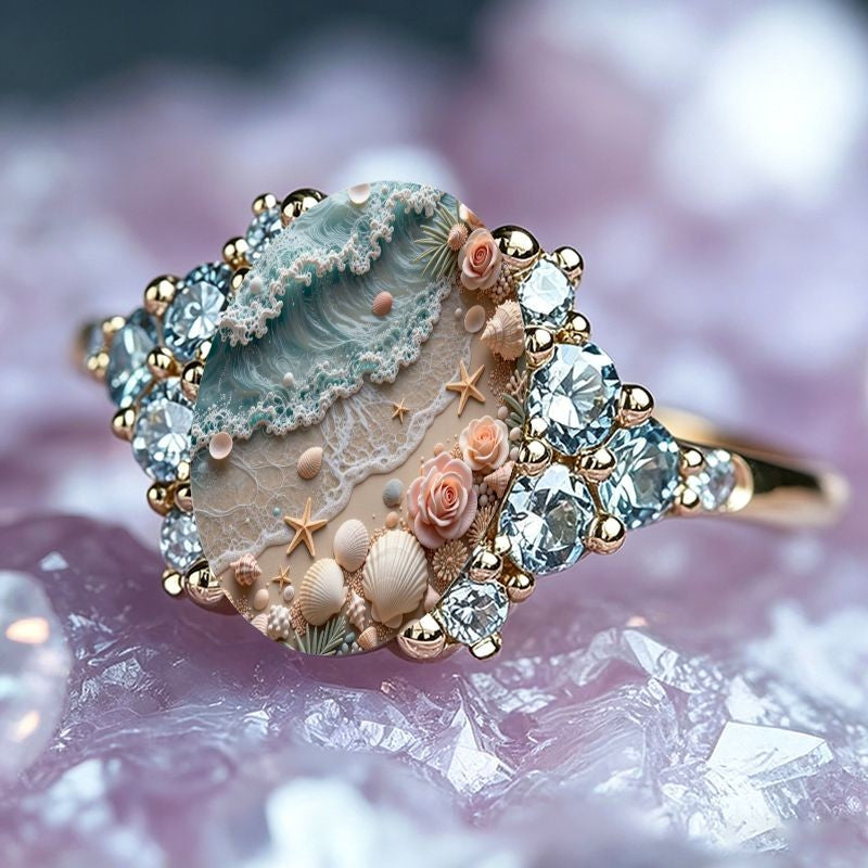 Seashell & Starfish Oval Ring