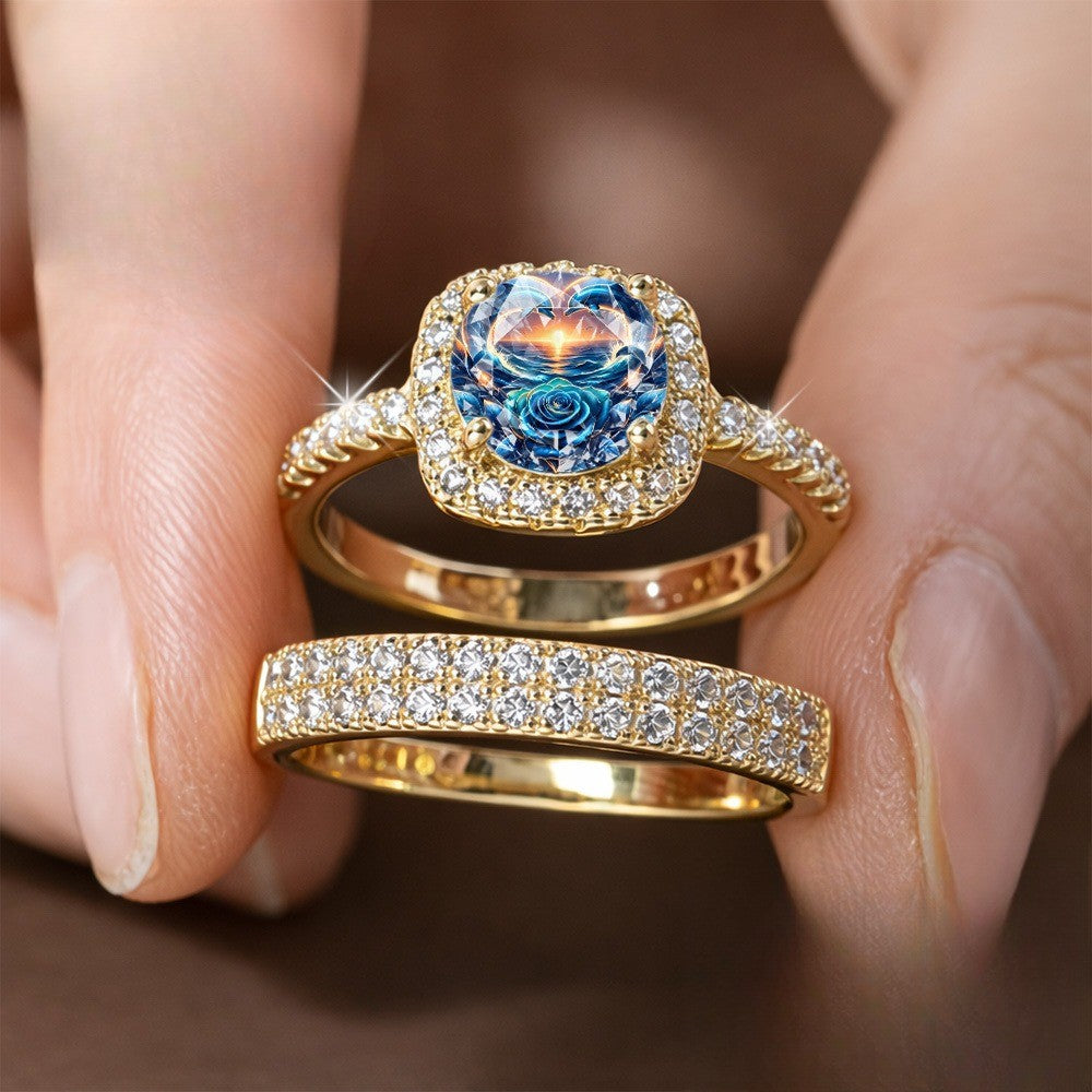 Blue Rose & Dolphin Square Ring Set