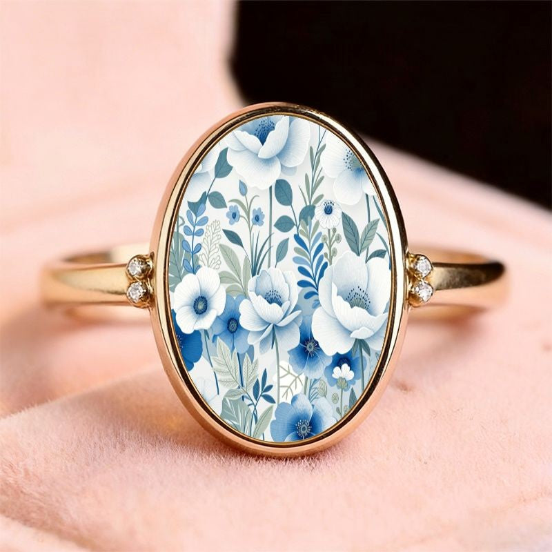 Blue Botanical Oval Ring