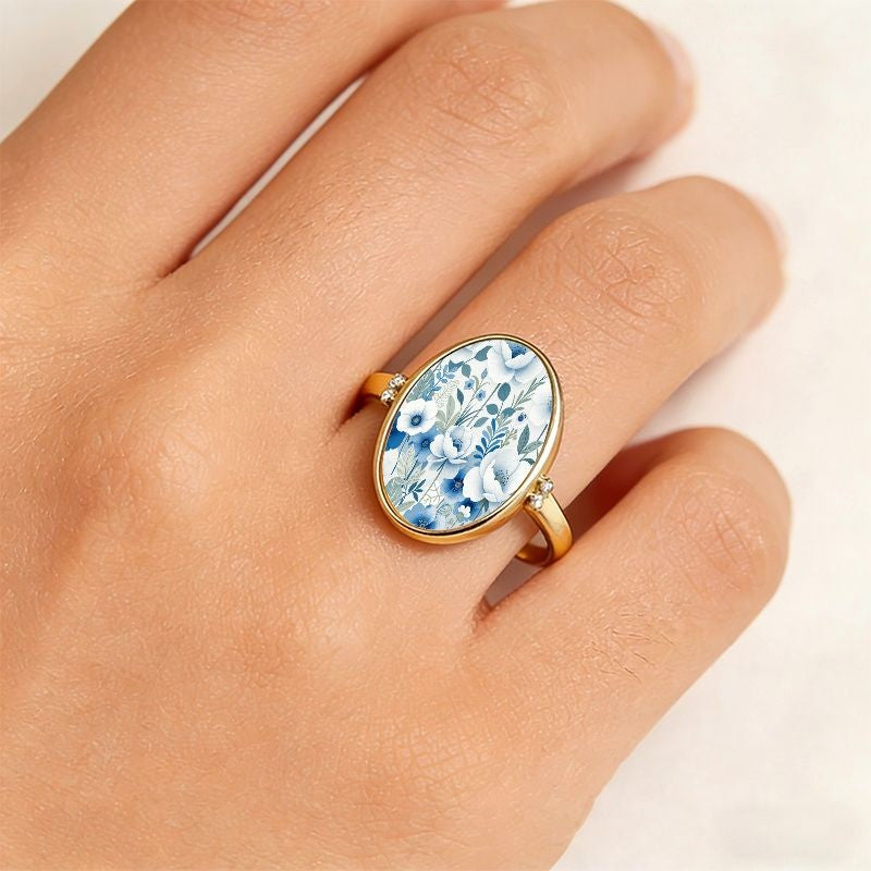 Blue Botanical Oval Ring